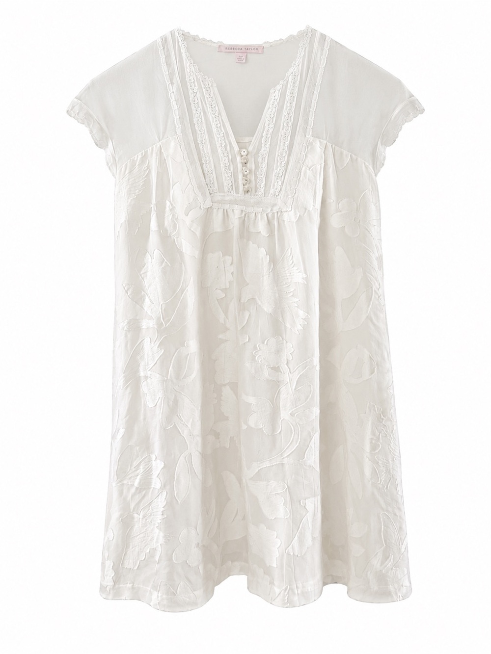 Rebecca Taylor White Floral Lace Embroidered Top With Cap Sleeves & Button